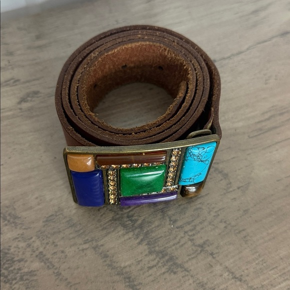Unique Fossil | Colorful Mosaic Stone Buckle Leather Belt - Medium - Picture 2 of 9